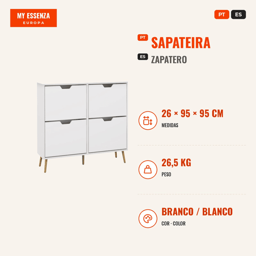 Sapateira com 4 Gavetas e Prateleiras Ajustáveis Móvel para Sapatos de Corredor para 16 Pares de Sapatos 95x26x95 cm Branco