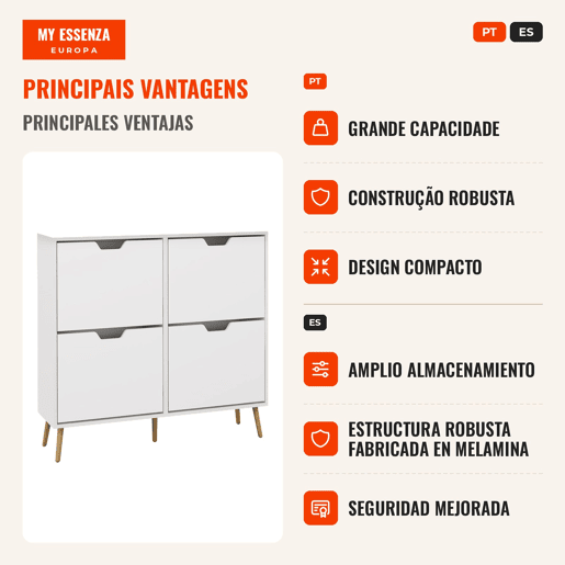 Sapateira com 4 Gavetas e Prateleiras Ajustáveis Móvel para Sapatos de Corredor para 16 Pares de Sapatos 95x26x95 cm Branco