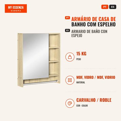 Armário de Casa de Banho com Espelho Armário de Parede com 1 Porta Prateleira Ajustável Toalheiro e Compartimento Móvel de Casa de Banho Suspenso 60x15x70 cm Carvalho, Madeira