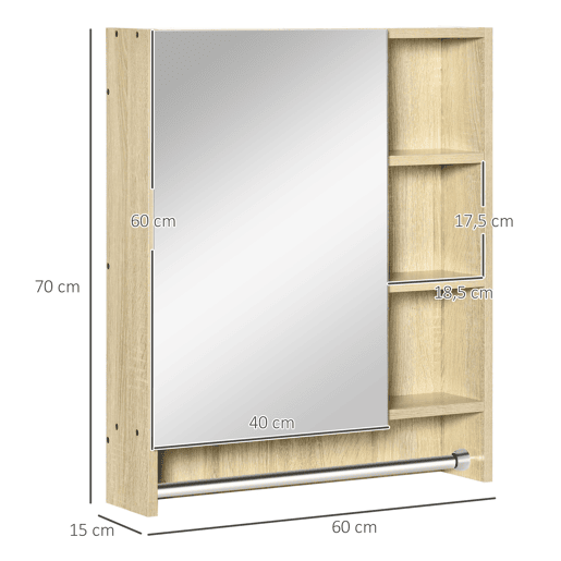 Armário de Casa de Banho com Espelho Armário de Parede com 1 Porta Prateleira Ajustável Toalheiro e Compartimento Móvel de Casa de Banho Suspenso 60x15x70 cm Carvalho, Madeira