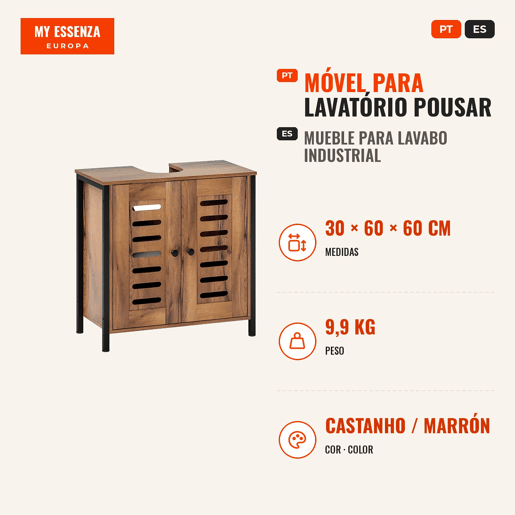 Móvel para Lavatório Pousar Móvel de Casa de Banho Industrial 2 Portas de Ripas com Fecho Magnético Prateleira Ajustável para Lavatórios sem Pedestal 60x30x60 cm Castanho Rústico