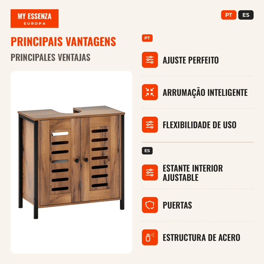 Móvel para Lavatório Pousar Móvel de Casa de Banho Industrial 2 Portas de Ripas com Fecho Magnético Prateleira Ajustável para Lavatórios sem Pedestal 60x30x60 cm Castanho Rústico