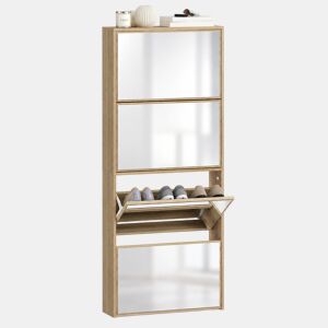 Sapateira Estreita com Espelho 4 Portas Abatíveis Sapateira para Entrada Corredor para 12 Pares de Sapatos Para Corredor Espaços Reduzidos 63x17x146 cm Madeira