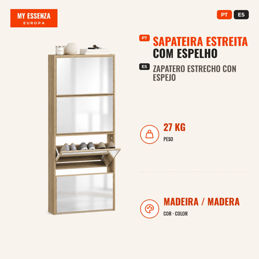 Sapateira Estreita com Espelho 4 Portas Abatíveis Sapateira para Entrada Corredor para 12 Pares de Sapatos Para Corredor Espaços Reduzidos 63x17x146 cm Madeira Sapateira Estreita com Espelho 4 Portas Abatíveis Sapateira para Entrada Corredor para 12 Pares de Sapatos Para Corredor Espaços Reduzidos 63x17x146 cm Madeira