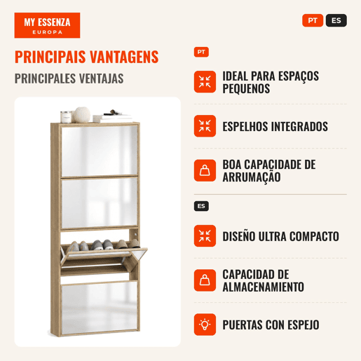 Sapateira Estreita com Espelho 4 Portas Abatíveis Sapateira para Entrada Corredor para 12 Pares de Sapatos Para Corredor Espaços Reduzidos 63x17x146 cm Madeira Sapateira Estreita com Espelho 4 Portas Abatíveis Sapateira para Entrada Corredor para 12 Pares de Sapatos Para Corredor Espaços Reduzidos 63x17x146 cm Madeira
