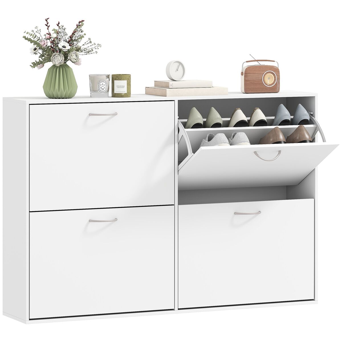 Mueble zapatero blanco moderno con 4 cajones abatibles y estantes ajustables para 16-24 pares 120x24x81 cm blanco