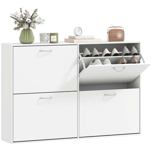 Móvel Sapateira Branca Sapateira Moderna com 4 Gavetas Abatíveis e Prateleiras Ajustáveis para 16-24 Pares de Sapatos para Corredor Entrada 120x24x81 cm Branco Móvel Sapateira Branca Sapateira Moderna com 4 Gavetas Abatíveis e Prateleiras Ajustáveis para 16-24 Pares de Sapatos para Corredor Entrada 120x24x81 cm Branco