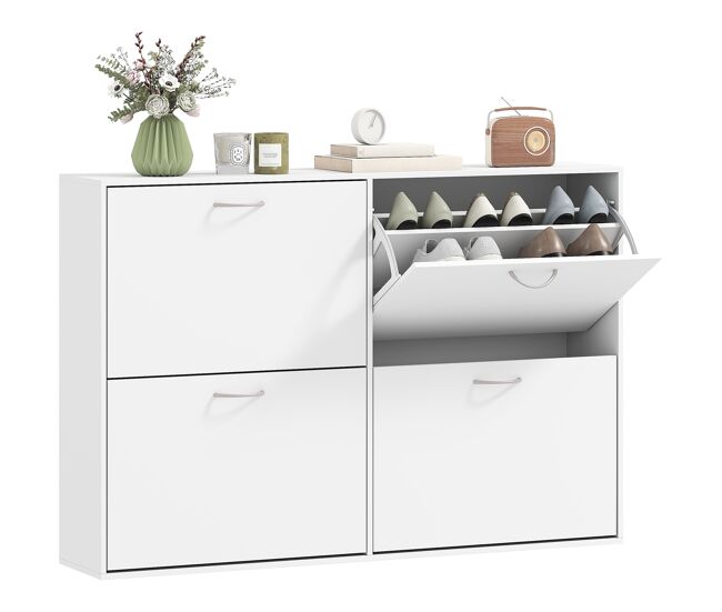 Mueble zapatero blanco moderno con 4 cajones abatibles y estantes ajustables para 16-24 pares 120x24x81 cm blanco