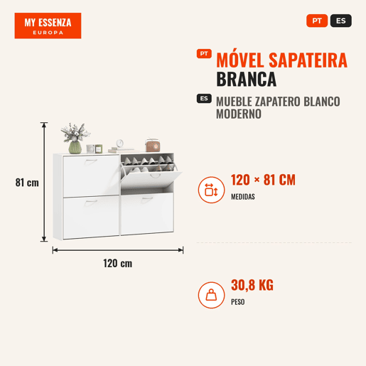 Móvel Sapateira Branca Sapateira Moderna com 4 Gavetas Abatíveis e Prateleiras Ajustáveis para 16-24 Pares de Sapatos para Corredor Entrada 120x24x81 cm Branco Móvel Sapateira Branca Sapateira Moderna com 4 Gavetas Abatíveis e Prateleiras Ajustáveis para 16-24 Pares de Sapatos para Corredor Entrada 120x24x81 cm Branco