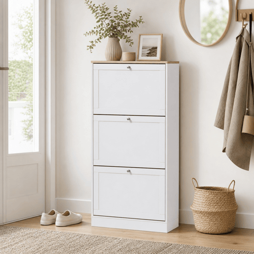 Sapateira Estreita com 3 Portas, Sapateira para Entrada ou Hall para 18 Pares de Sapatos, com Prateleiras Ajustáveis, 60x23,5x115 cm, Branco Sapateira Estreita com 3 Portas, Sapateira para Entrada ou Hall para 18 Pares de Sapatos, com Prateleiras Ajustáveis, 60x23,5x115 cm, Branco