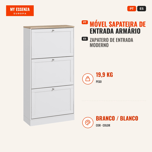 Sapateira Estreita com 3 Portas, Sapateira para Entrada ou Hall para 18 Pares de Sapatos, com Prateleiras Ajustáveis, 60x23,5x115 cm, Branco Sapateira Estreita com 3 Portas, Sapateira para Entrada ou Hall para 18 Pares de Sapatos, com Prateleiras Ajustáveis, 60x23,5x115 cm, Branco