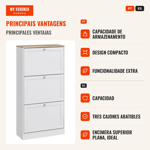 Sapateira Estreita com 3 Portas, Sapateira para Entrada ou Hall para 18 Pares de Sapatos, com Prateleiras Ajustáveis, 60x23,5x115 cm, Branco Sapateira Estreita com 3 Portas, Sapateira para Entrada ou Hall para 18 Pares de Sapatos, com Prateleiras Ajustáveis, 60x23,5x115 cm, Branco
