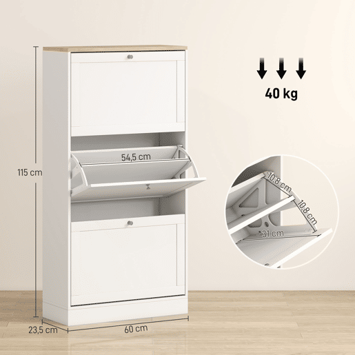 Sapateira Estreita com 3 Portas, Sapateira para Entrada ou Hall para 18 Pares de Sapatos, com Prateleiras Ajustáveis, 60x23,5x115 cm, Branco Sapateira Estreita com 3 Portas, Sapateira para Entrada ou Hall para 18 Pares de Sapatos, com Prateleiras Ajustáveis, 60x23,5x115 cm, Branco