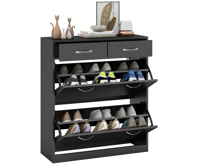 Zapatero estrecho móvil con 2 compartimentos y 2 cajones para 12 pares 80x30x91,5 cm negro