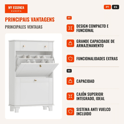 Sapateira Branca Móvel Sapateira Estreita com 2 Portas e 1 Gaveta para 8 Pares de Sapatos para Entrada Corredor 60x23,5x98,5 cm Branco Sapateira Branca Móvel Sapateira Estreita com 2 Portas e 1 Gaveta para 8 Pares de Sapatos para Entrada Corredor 60x23,5x98,5 cm Branco