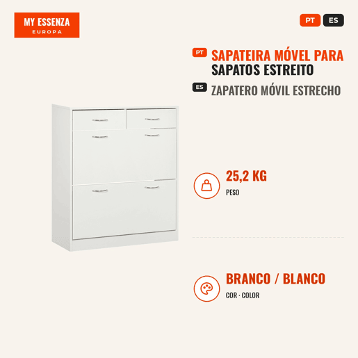 Sapateira Móvel para Sapatos Estreito com 2 Compartimentos e 2 Gavetas para 12 Pares de Sapatos para Sala de Estar Entrada Corredor 80x30x91,5 cm Branco Sapateira Móvel para Sapatos Estreito com 2 Compartimentos e 2 Gavetas para 12 Pares de Sapatos para Sala de Estar Entrada Corredor 80x30x91,5 cm Branco