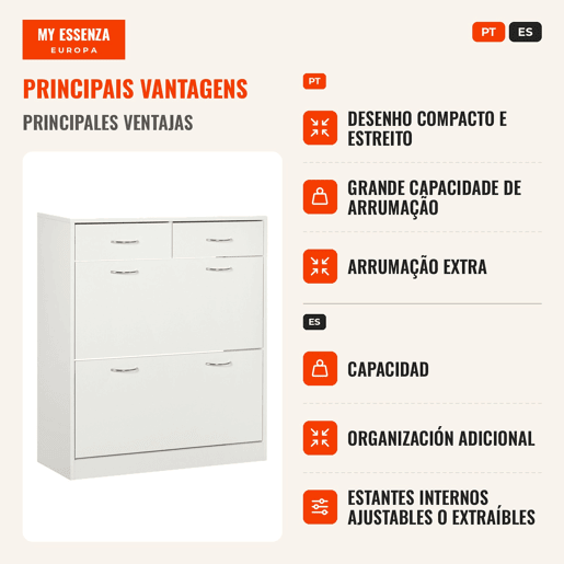 Sapateira Móvel para Sapatos Estreito com 2 Compartimentos e 2 Gavetas para 12 Pares de Sapatos para Sala de Estar Entrada Corredor 80x30x91,5 cm Branco Sapateira Móvel para Sapatos Estreito com 2 Compartimentos e 2 Gavetas para 12 Pares de Sapatos para Sala de Estar Entrada Corredor 80x30x91,5 cm Branco