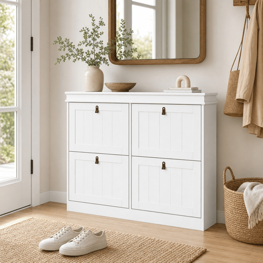 Móvel Sapateira Branco Sapateira Estreita com 4 Portas e Prateleira Ajustável para 20 Pares de Sapatos Anti Tombo para Entrada Corredor 105x24x82,5 cm Branco