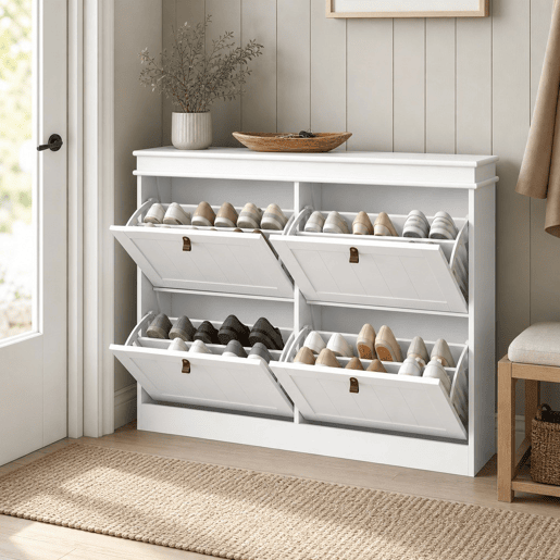 Móvel Sapateira Branco Sapateira Estreita com 4 Portas e Prateleira Ajustável para 20 Pares de Sapatos Anti Tombo para Entrada Corredor 105x24x82,5 cm Branco