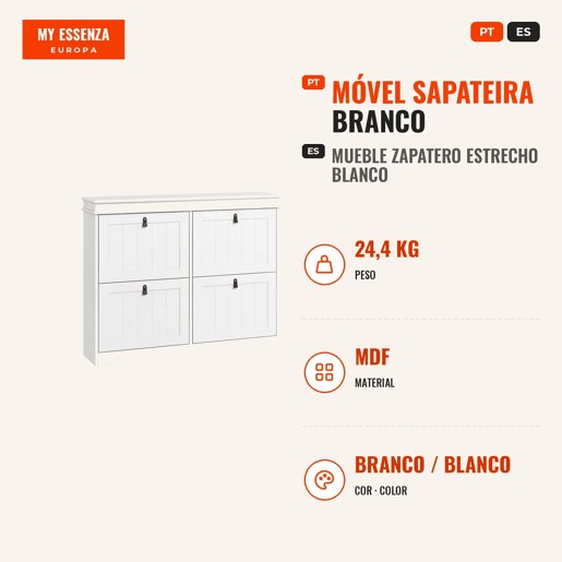 Móvel Sapateira Branco Sapateira Estreita com 4 Portas e Prateleira Ajustável para 20 Pares de Sapatos Anti Tombo para Entrada Corredor 105x24x82,5 cm Branco