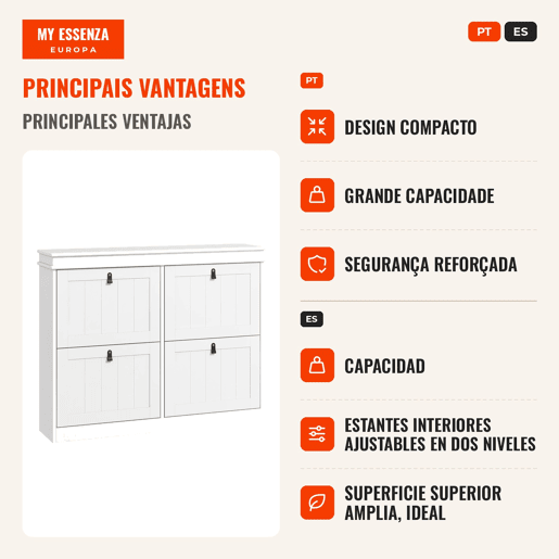 Móvel Sapateira Branco Sapateira Estreita com 4 Portas e Prateleira Ajustável para 20 Pares de Sapatos Anti Tombo para Entrada Corredor 105x24x82,5 cm Branco