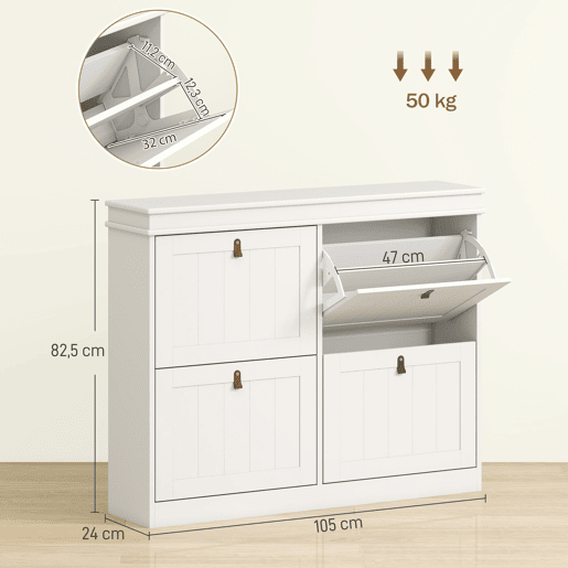Móvel Sapateira Branco Sapateira Estreita com 4 Portas e Prateleira Ajustável para 20 Pares de Sapatos Anti Tombo para Entrada Corredor 105x24x82,5 cm Branco