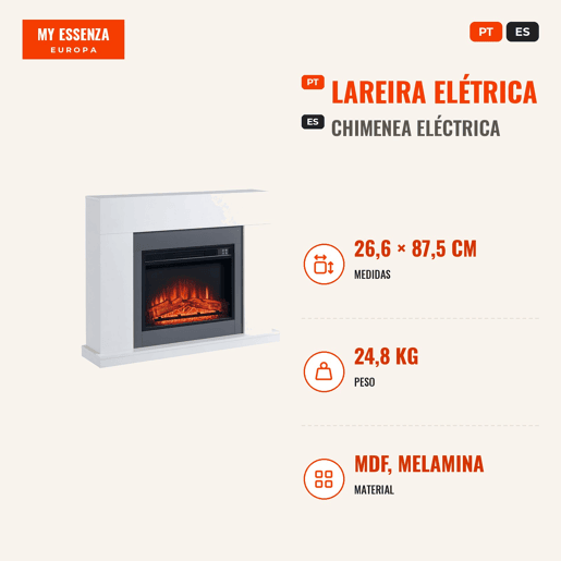 Lareira Elétrica 1800-2000W com Controle Remoto Chama Ajustável Termostato Temporizador Semanal e Proteção contra Superaquecimento 113x26,6x87,5cm Branco