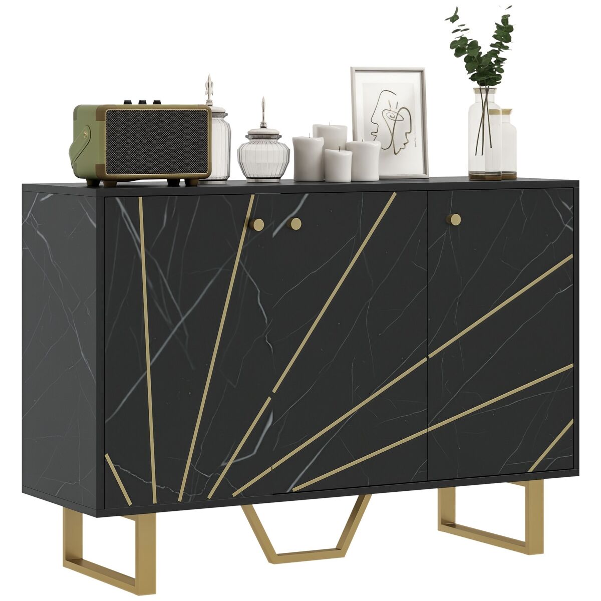 Aparador de salón con 2 armarios y estante interior ajustable bufé con efecto mármol 107x35x75 cm negro y dorado