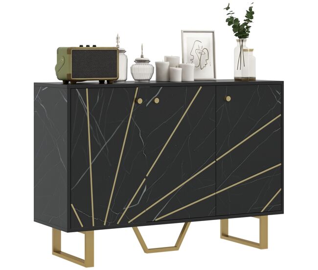 Aparador de salón con 2 armarios y estante interior ajustable bufé con efecto mármol 107x35x75 cm negro y dorado