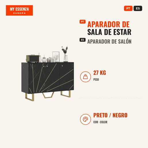 Aparador de Sala de Estar com 2 Armários e Prateleira Interior Ajustável Móvel Buffet com Efeito Mármore 107x35x75 cm Preto e Dourado Aparador de Sala de Estar com 2 Armários e Prateleira Interior Ajustável Móvel Buffet com Efeito Mármore 107x35x75 cm Preto e Dourado