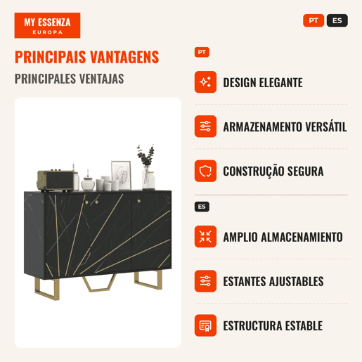 Aparador de Sala de Estar com 2 Armários e Prateleira Interior Ajustável Móvel Buffet com Efeito Mármore 107x35x75 cm Preto e Dourado Aparador de Sala de Estar com 2 Armários e Prateleira Interior Ajustável Móvel Buffet com Efeito Mármore 107x35x75 cm Preto e Dourado