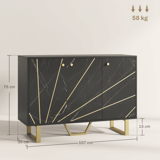 Aparador de Sala de Estar com 2 Armários e Prateleira Interior Ajustável Móvel Buffet com Efeito Mármore 107x35x75 cm Preto e Dourado Aparador de Sala de Estar com 2 Armários e Prateleira Interior Ajustável Móvel Buffet com Efeito Mármore 107x35x75 cm Preto e Dourado