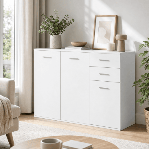 Armário Gabinete Aparador Móveis para Organizador de Armazenamento Refeições Polivalentes com Portas e Gavetas 106x35x76cm, Branco Armário Gabinete Aparador Móveis para Organizador de Armazenamento Refeições Polivalentes com Portas e Gavetas 106x35x76cm, Branco