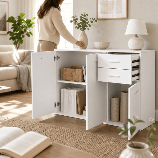 Armário Gabinete Aparador Móveis para Organizador de Armazenamento Refeições Polivalentes com Portas e Gavetas 106x35x76cm, Branco Armário Gabinete Aparador Móveis para Organizador de Armazenamento Refeições Polivalentes com Portas e Gavetas 106x35x76cm, Branco