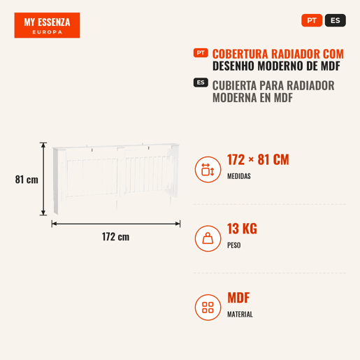 Cobertura Radiador com Desenho Moderno de MDF com Prateleira Superior para Sala de Estar Dormitório Escritório 172x19x81 cm Branco