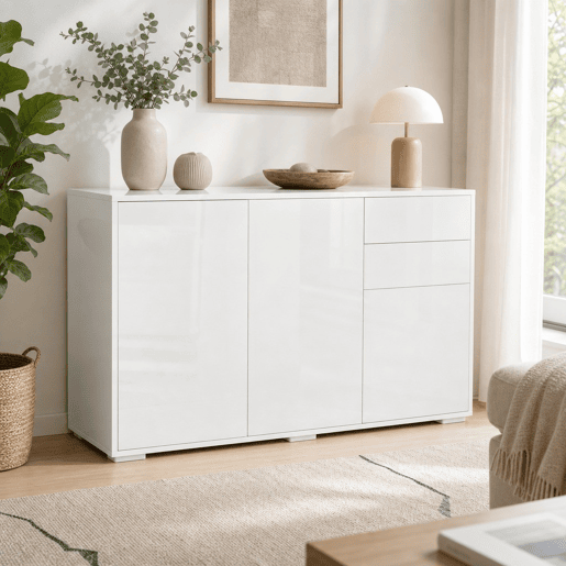 Aparador de Sala de Estar com 3 Portas 2 Gavetas e Prateleira Interior Ajustável Móvel Auxiliar de Armazenamento para Cozinha Dormitório Anti-Rolamento 117x36x74cm Branco Aparador de Sala de Estar com 3 Portas 2 Gavetas e Prateleira Interior Ajustável Móvel Auxiliar de Armazenamento para Cozinha Dormitório Anti-Rolamento 117x36x74cm Branco