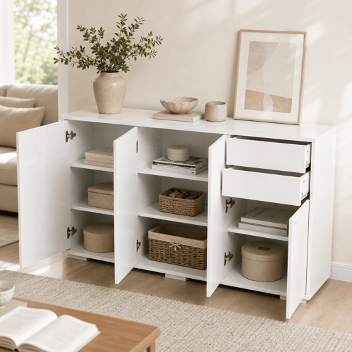 Aparador de Sala de Estar com 3 Portas 2 Gavetas e Prateleira Interior Ajustável Móvel Auxiliar de Armazenamento para Cozinha Dormitório Anti-Rolamento 117x36x74cm Branco Aparador de Sala de Estar com 3 Portas 2 Gavetas e Prateleira Interior Ajustável Móvel Auxiliar de Armazenamento para Cozinha Dormitório Anti-Rolamento 117x36x74cm Branco