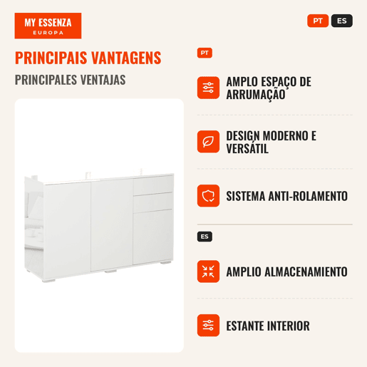 Aparador de Sala de Estar com 3 Portas 2 Gavetas e Prateleira Interior Ajustável Móvel Auxiliar de Armazenamento para Cozinha Dormitório Anti-Rolamento 117x36x74cm Branco Aparador de Sala de Estar com 3 Portas 2 Gavetas e Prateleira Interior Ajustável Móvel Auxiliar de Armazenamento para Cozinha Dormitório Anti-Rolamento 117x36x74cm Branco