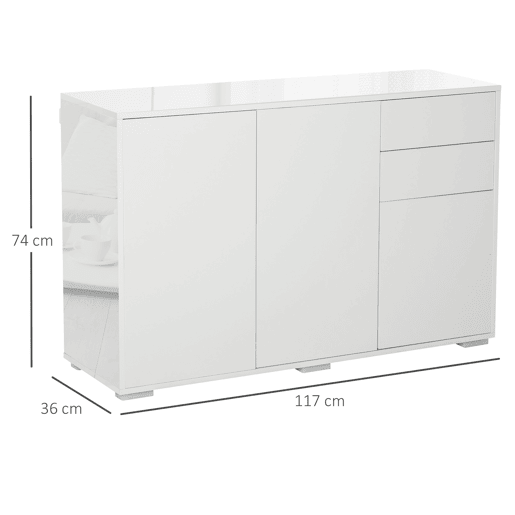 Aparador de Sala de Estar com 3 Portas 2 Gavetas e Prateleira Interior Ajustável Móvel Auxiliar de Armazenamento para Cozinha Dormitório Anti-Rolamento 117x36x74cm Branco Aparador de Sala de Estar com 3 Portas 2 Gavetas e Prateleira Interior Ajustável Móvel Auxiliar de Armazenamento para Cozinha Dormitório Anti-Rolamento 117x36x74cm Branco