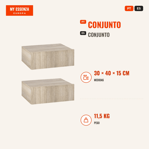 Conjunto de 2 Mesas de Cabeceira com 1 Gaveta Desenho Montado na Parede Estilo Moderno para Dormitório 40x30x15cm Madeira, Cor de madeira natural