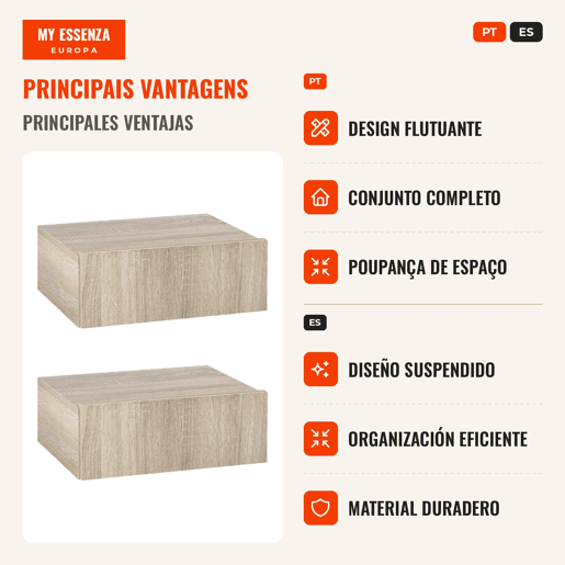Conjunto de 2 Mesas de Cabeceira com 1 Gaveta Desenho Montado na Parede Estilo Moderno para Dormitório 40x30x15cm Madeira, Cor de madeira natural