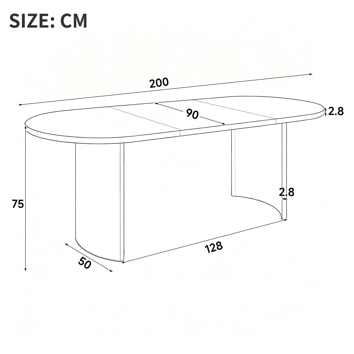 Mesa de comedor 200 × 90 cm, para 6–8 personas. Bordes redondeados ...