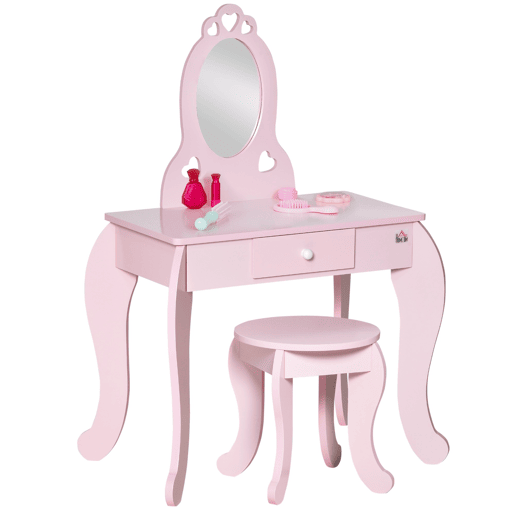 Toucador Infantil de Madeira para Crianças de 3-6 Anos com Banco e Espelho Estilo Princesa Mesa de Maquilhagem Infantil com Gaveta para Dormitório 60x36x88cm Rosa Toucador Infantil de Madeira para Crianças de 3-6 Anos com Banco e Espelho Estilo Princesa Mesa de Maquilhagem Infantil com Gaveta para Dormitório 60x36x88cm Rosa