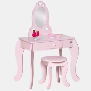 Toucador Infantil de Madeira para Crianças de 3-6 Anos com Banco e Espelho Estilo Princesa Mesa de Maquilhagem Infantil com Gaveta para Dormitório 60x36x88cm Rosa