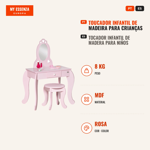 Toucador Infantil de Madeira para Crianças de 3-6 Anos com Banco e Espelho Estilo Princesa Mesa de Maquilhagem Infantil com Gaveta para Dormitório 60x36x88cm Rosa Toucador Infantil de Madeira para Crianças de 3-6 Anos com Banco e Espelho Estilo Princesa Mesa de Maquilhagem Infantil com Gaveta para Dormitório 60x36x88cm Rosa