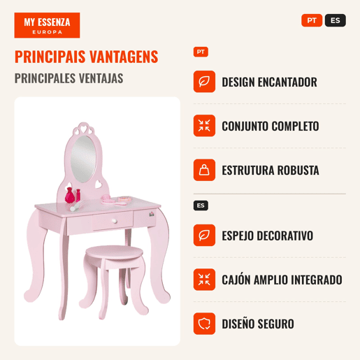 Toucador Infantil de Madeira para Crianças de 3-6 Anos com Banco e Espelho Estilo Princesa Mesa de Maquilhagem Infantil com Gaveta para Dormitório 60x36x88cm Rosa Toucador Infantil de Madeira para Crianças de 3-6 Anos com Banco e Espelho Estilo Princesa Mesa de Maquilhagem Infantil com Gaveta para Dormitório 60x36x88cm Rosa