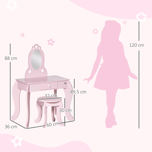 Toucador Infantil de Madeira para Crianças de 3-6 Anos com Banco e Espelho Estilo Princesa Mesa de Maquilhagem Infantil com Gaveta para Dormitório 60x36x88cm Rosa Toucador Infantil de Madeira para Crianças de 3-6 Anos com Banco e Espelho Estilo Princesa Mesa de Maquilhagem Infantil com Gaveta para Dormitório 60x36x88cm Rosa