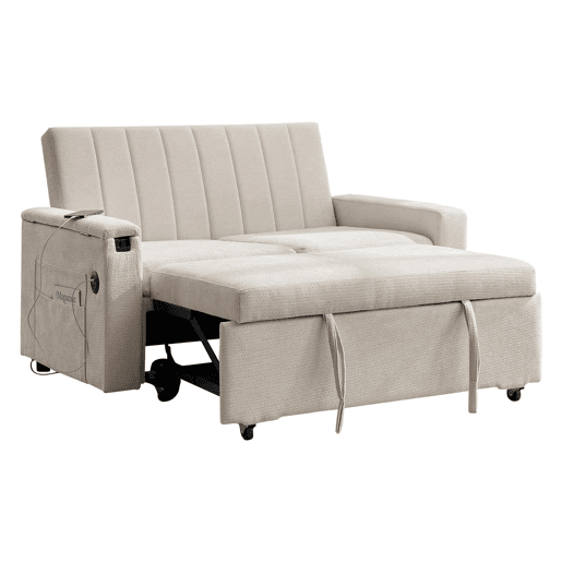 Sofá-cama de 2 lugares 140 x 84,5 x 84 cm u2013 Extensível 3 em 1 em chenille com USB, Type-C, tabuleiro rebatível e bolsos u2013 Bege Sofá-cama de 2 lugares 140 x 84,5 x 84 cm u2013 Extensível 3 em 1 em chenille com USB, Type-C, tabuleiro rebatível e bolsos u2013 Bege