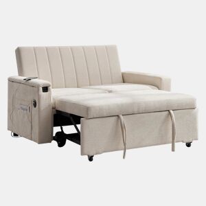 Sofá-cama de 2 lugares 140 x 84,5 x 84 cm u2013 Extensível 3 em 1 em chenille com USB, Type-C, tabuleiro rebatível e bolsos u2013 Bege