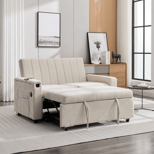 Sofá-cama de 2 lugares 140 x 84,5 x 84 cm u2013 Extensível 3 em 1 em chenille com USB, Type-C, tabuleiro rebatível e bolsos u2013 Bege Sofá-cama de 2 lugares 140 x 84,5 x 84 cm u2013 Extensível 3 em 1 em chenille com USB, Type-C, tabuleiro rebatível e bolsos u2013 Bege